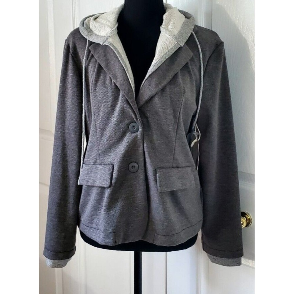 NWT Kiss & Cry Women's Size Large Gray Jacket Two Button Close Hoodie Lined Coat
